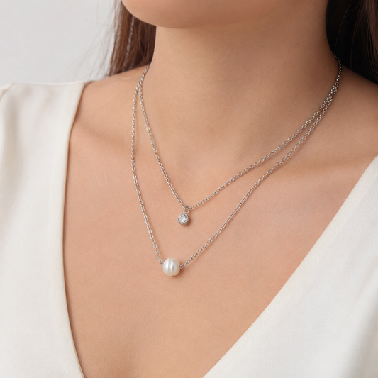 Collar Doble Acero con Perla Natural y Dije Cristal