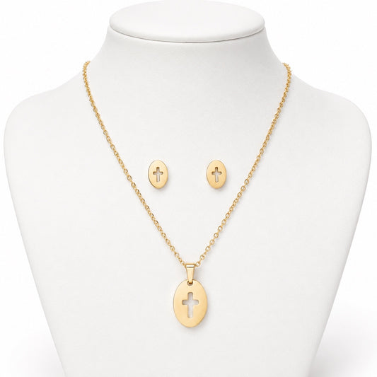 Conjunto dorado con cruces caladas