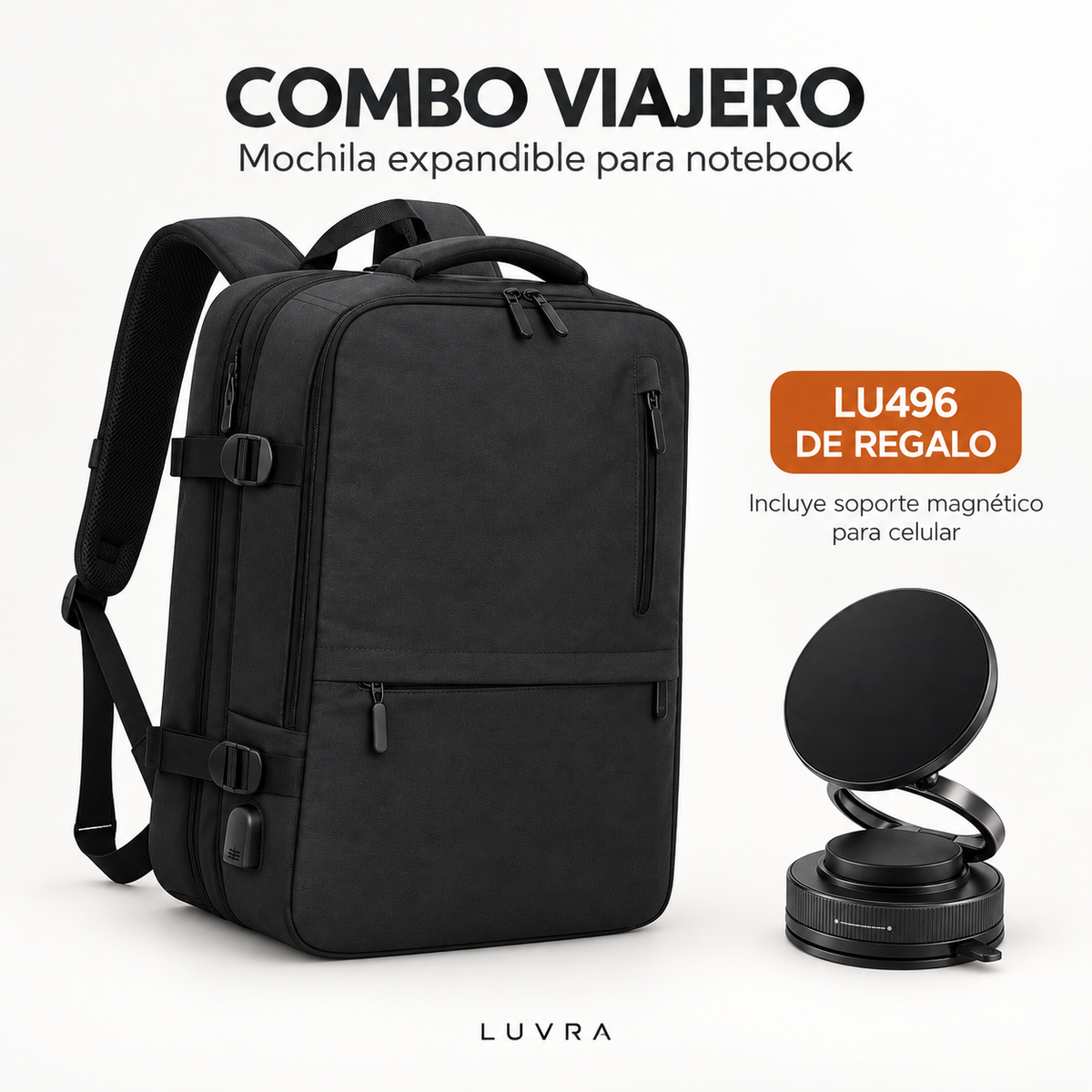 Combo Viajero – Mochila Expandible para Notebook + LU496 de Regalo