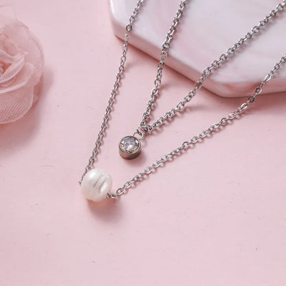 Collar Doble Acero con Perla Natural y Dije Cristal