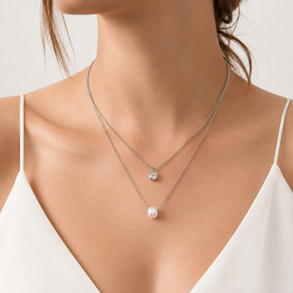 Collar Doble Acero con Perla Natural y Dije Cristal
