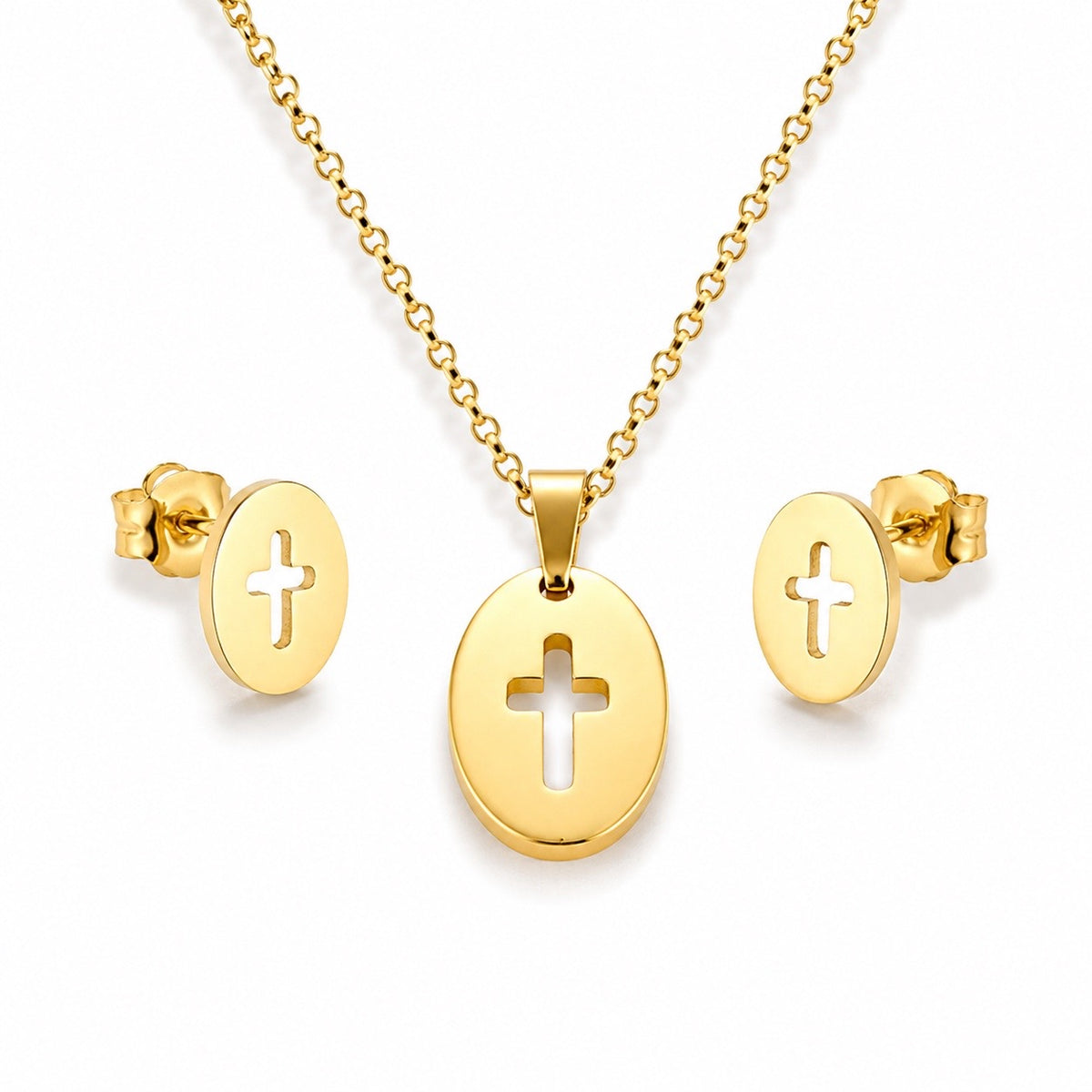 Conjunto dorado con cruces caladas