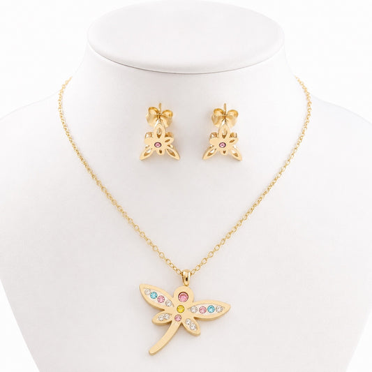 Conjunto libélula multicolor en acero inoxidable plateado