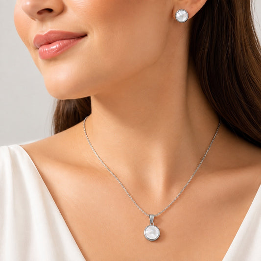 Conjunto plateado nácar circular