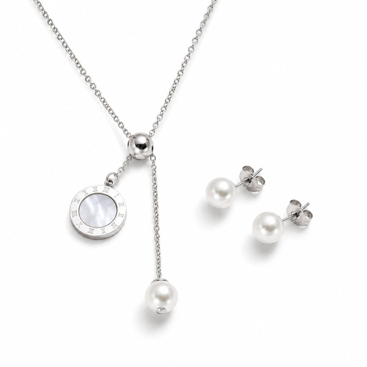 Conjunto plateado perlas & nácar